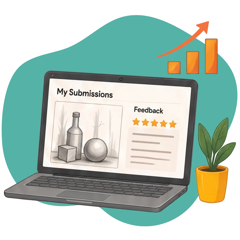 Laptop displaying art submission feedback and star ratings next to a progress graph.
