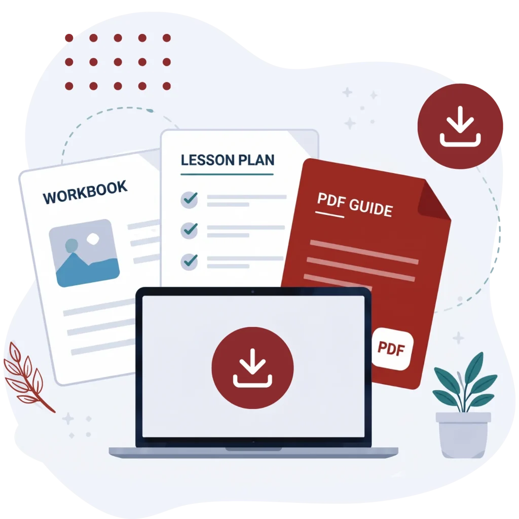 An online teacherpreneur's downloadable resources including a workbook, lesson plan, and PDF guide.