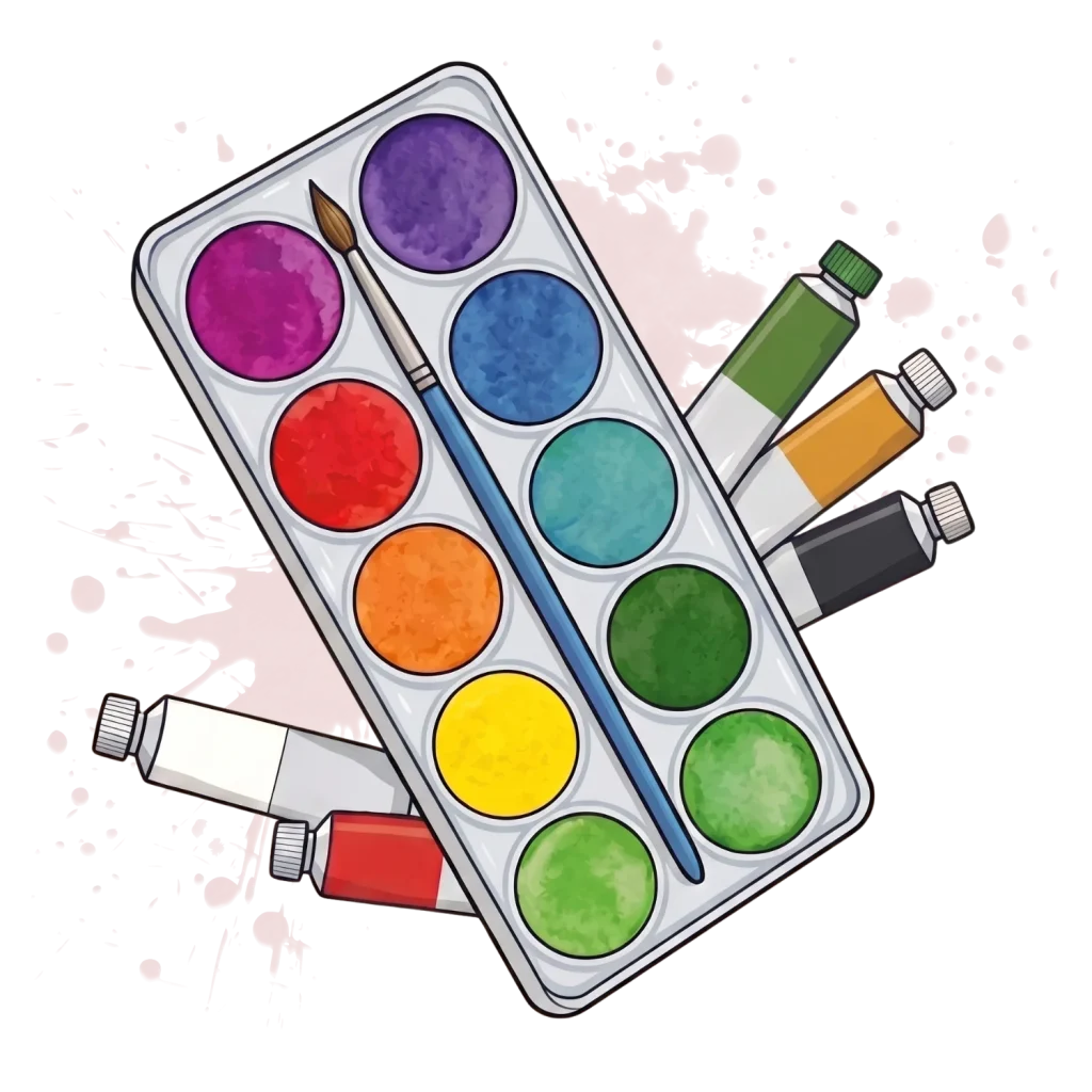 A colorful paint set with a brush and paint tubes over watercolor splatters on a black background. (