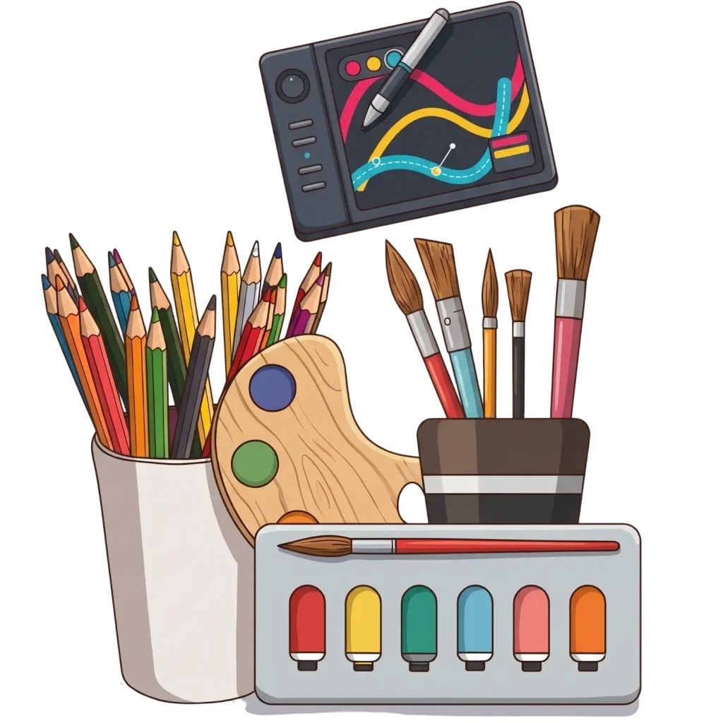Drawing tablet, colored pencils, palette, and paints used to create a unique art style.