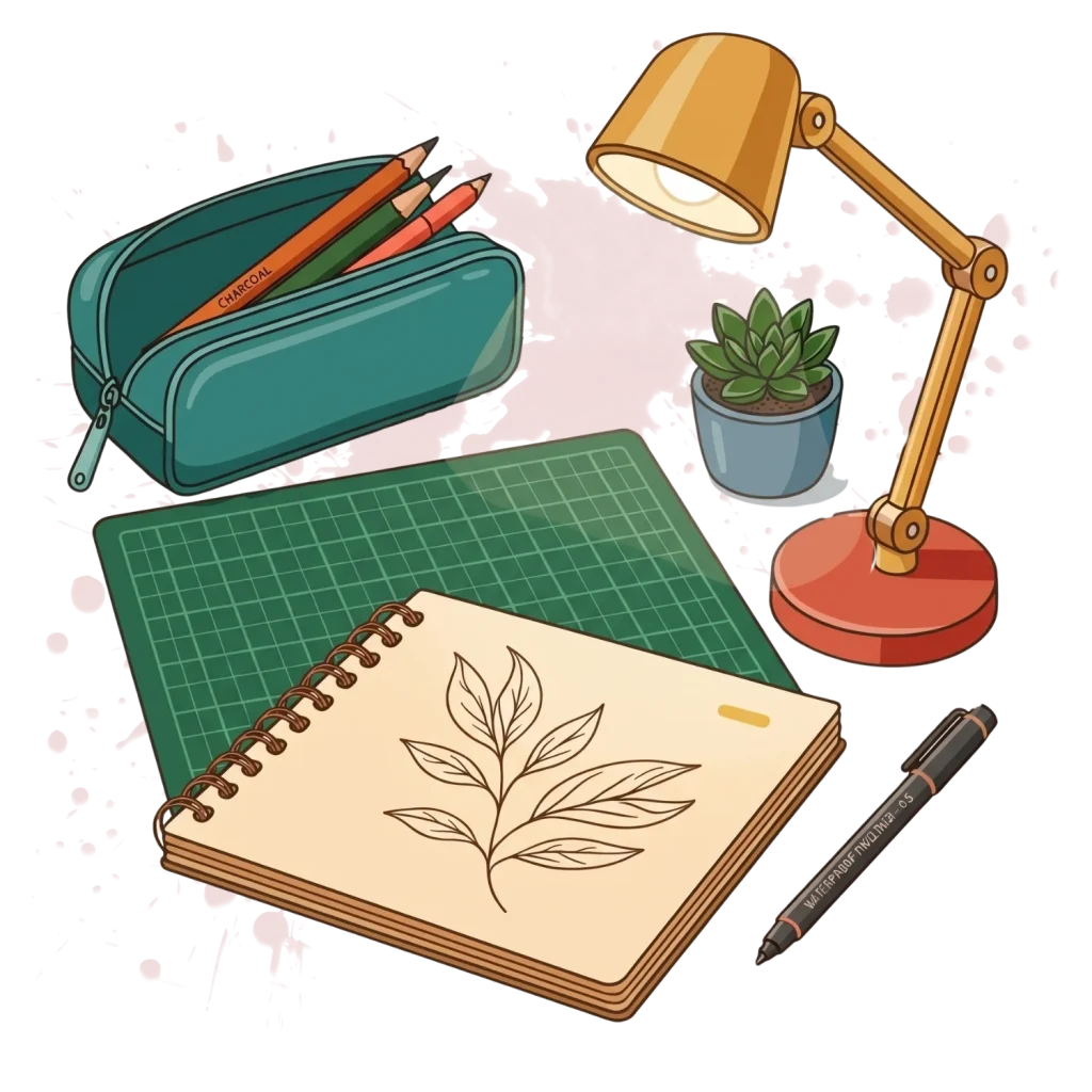 Leaf sketchbook on a green cutting mat with a desk lamp, pencil pouch, and pen on a splatter background.