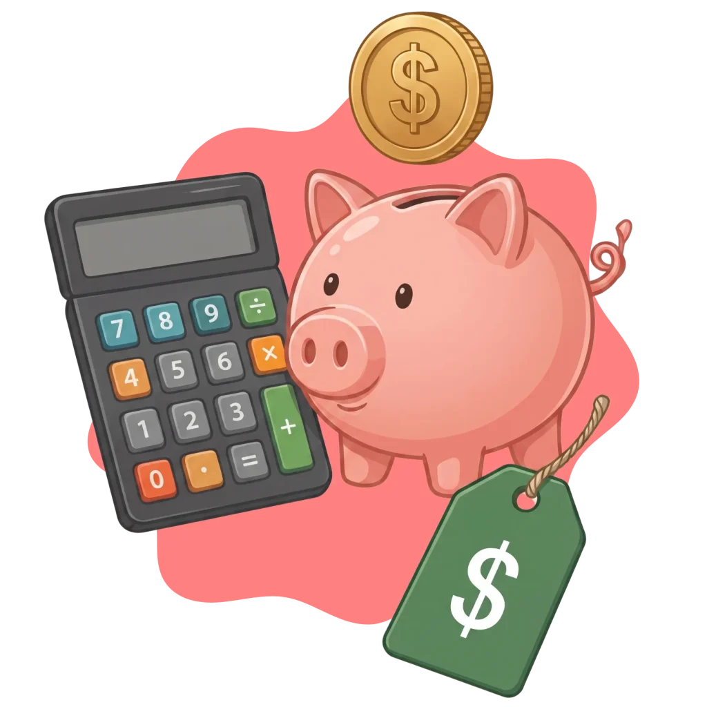 Pink piggy bank next to a calculator, gold dollar coin, and green price tag.