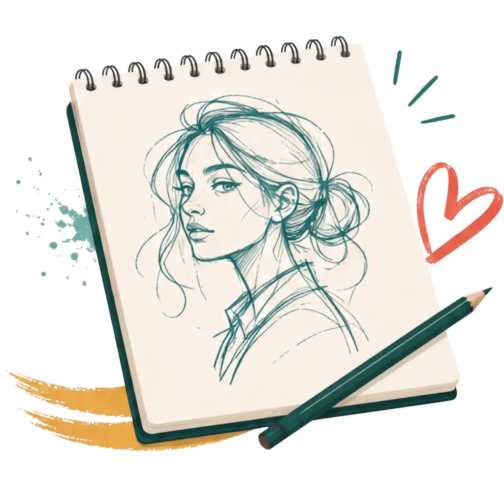 Sketchbook with a pencil portrait sketch and a pencil, capturing a unique art style.