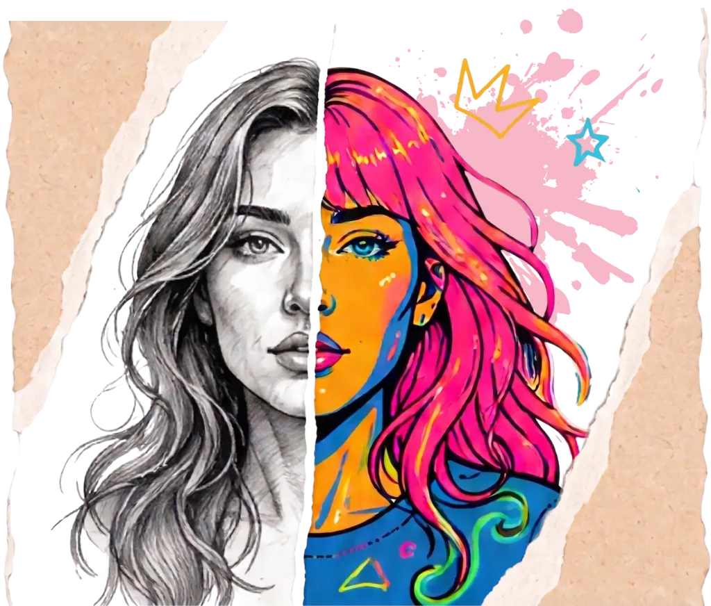Split illustration showing sketch and vibrant color sides, a creative blend of a unique art style.