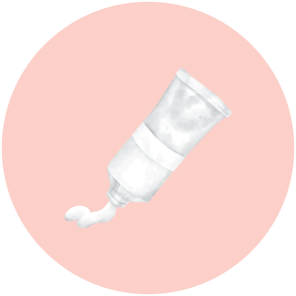 White paint tube squeezing out white paint on a pink circular background.