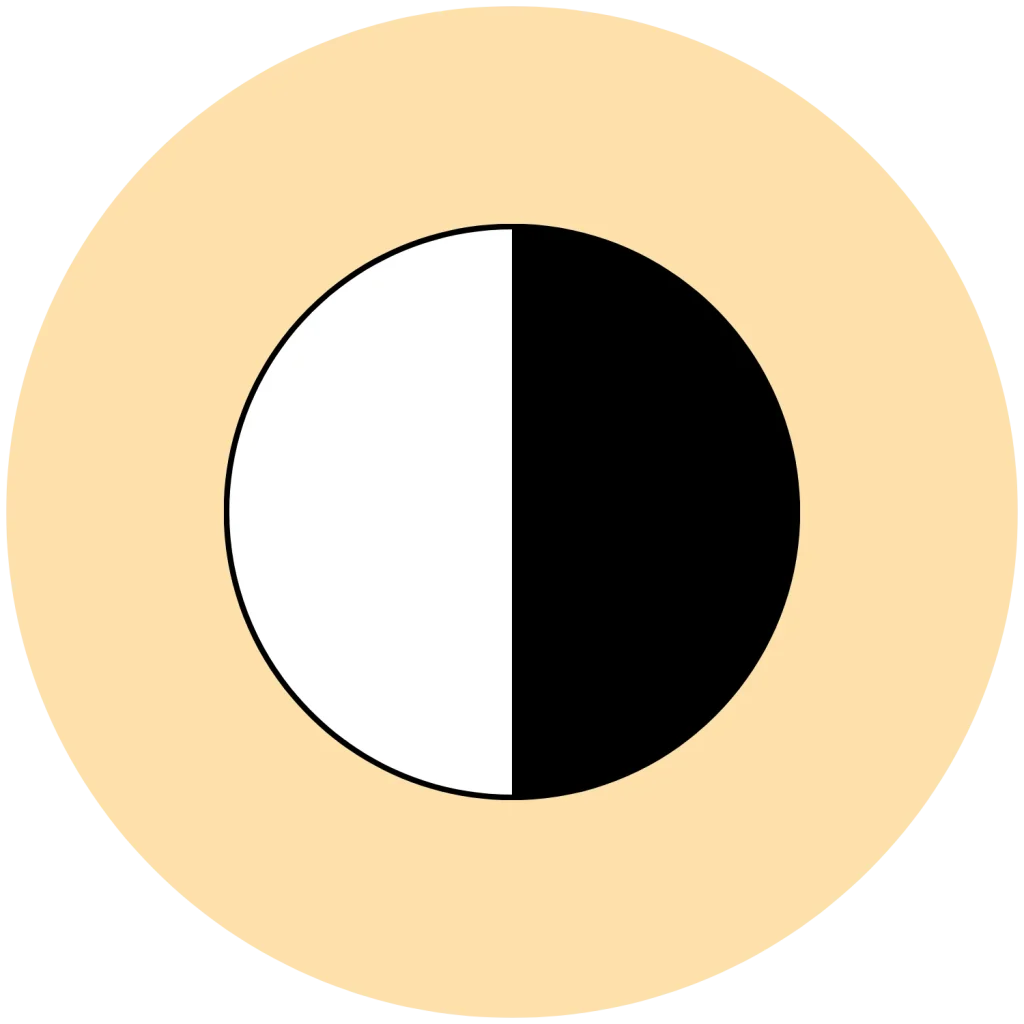 A circle divided vertically into white and black halves, centered on a light beige circular background.