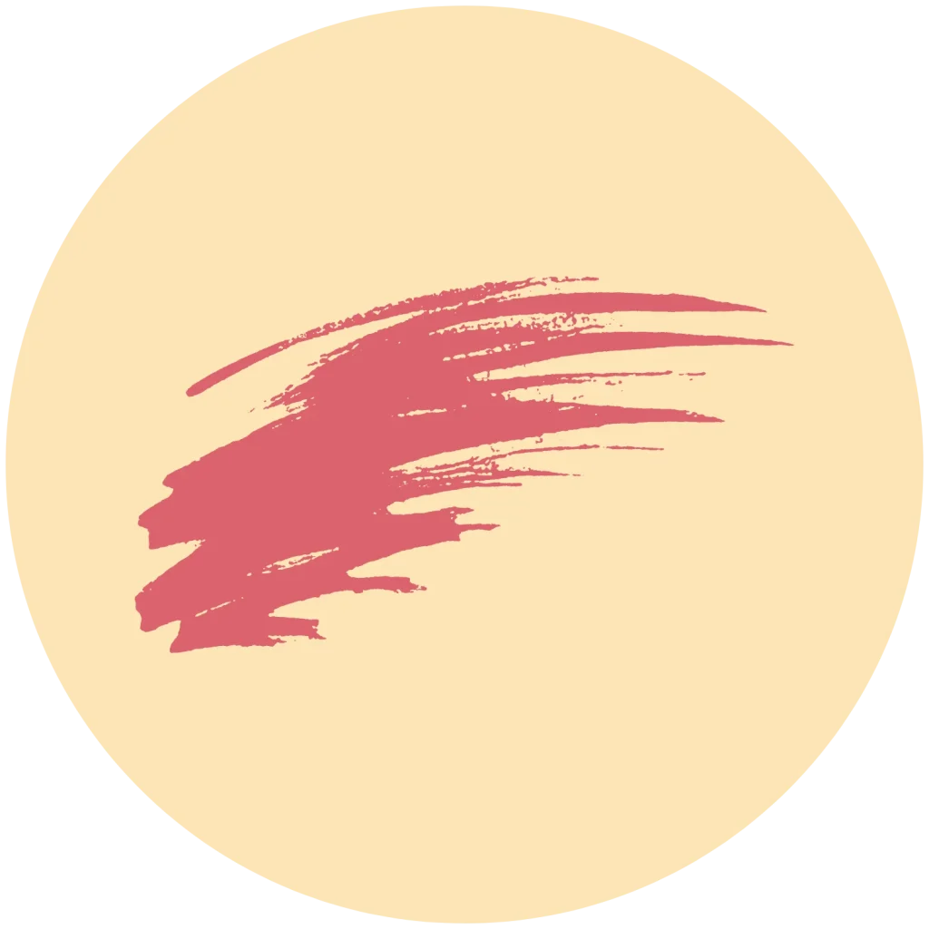 Textured pink brush stroke centered on a light yellow circular background.