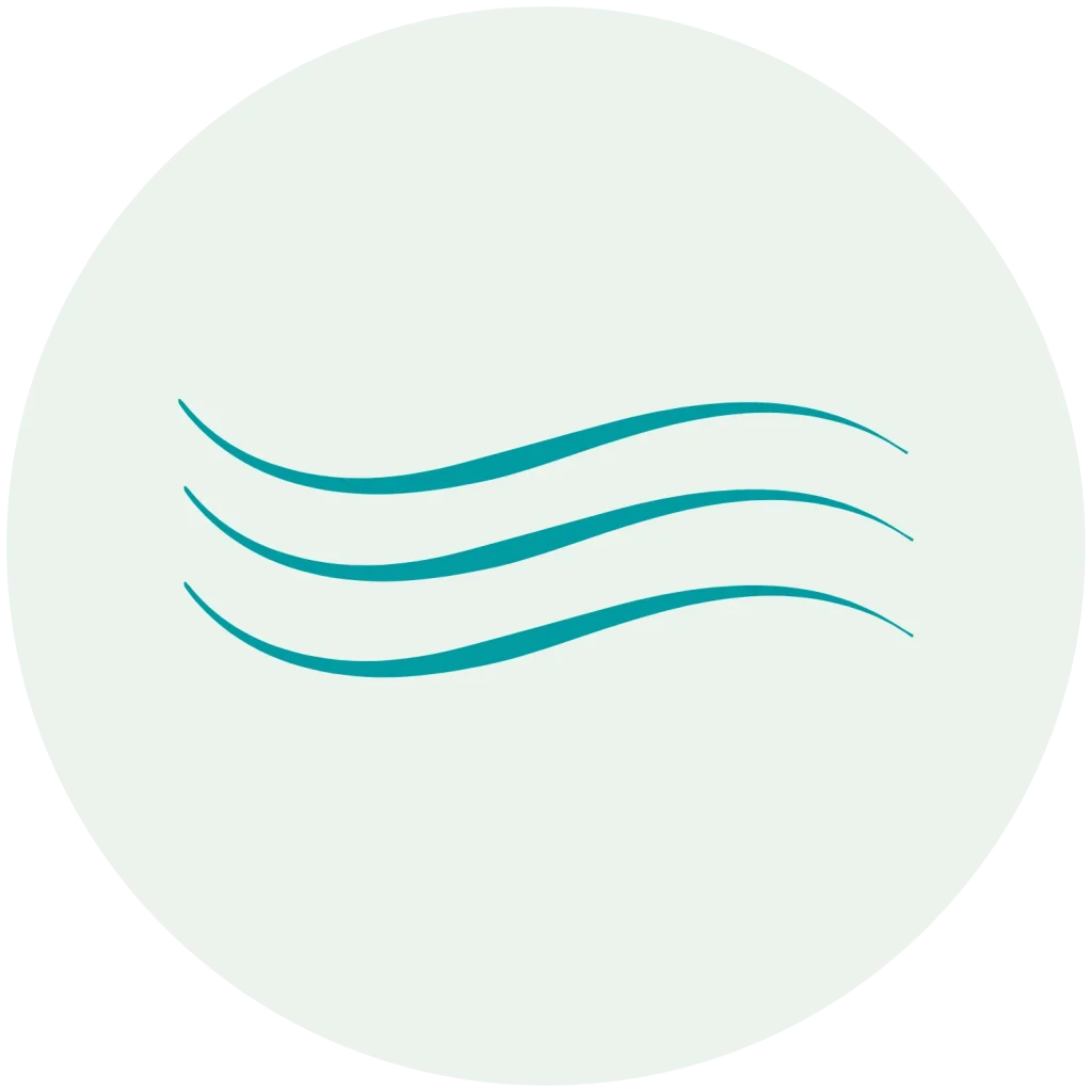 Three teal curved wave lines centered on a light mint green circular background.