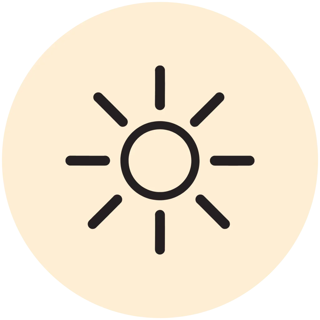 Minimalist line icon of a sun with rays centered on a light beige circular background.