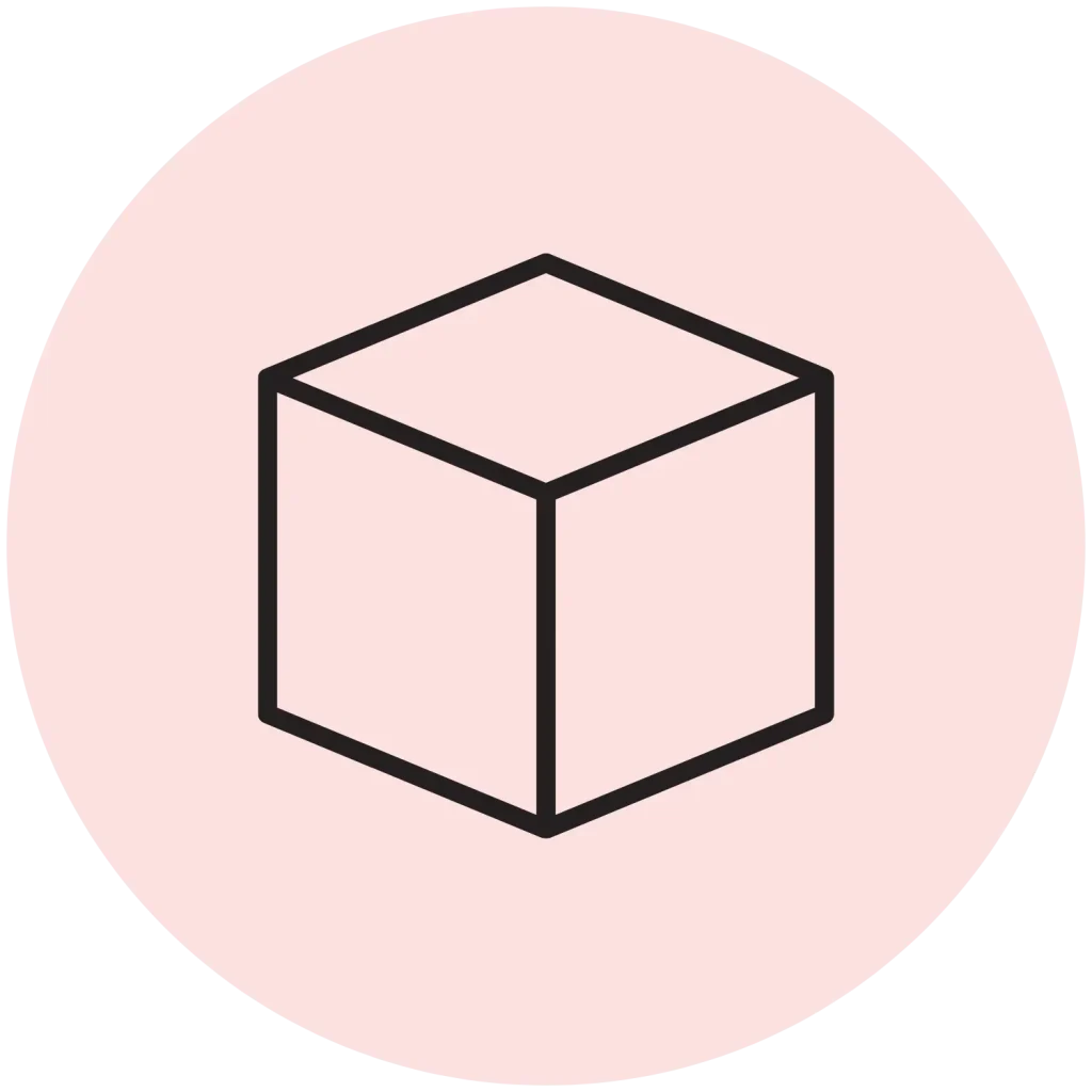 Minimalist line icon of a 3D cube centered on a light pink circular background.