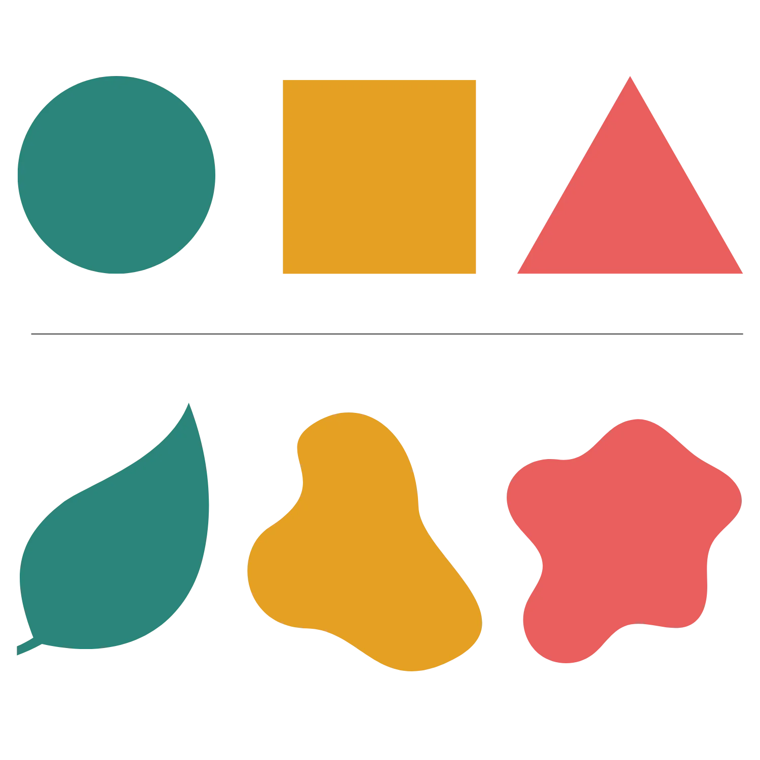 Geometric shapes (circle, square, triangle) on top, contrasting with organic shapes (leaf, fluid blobs) below.