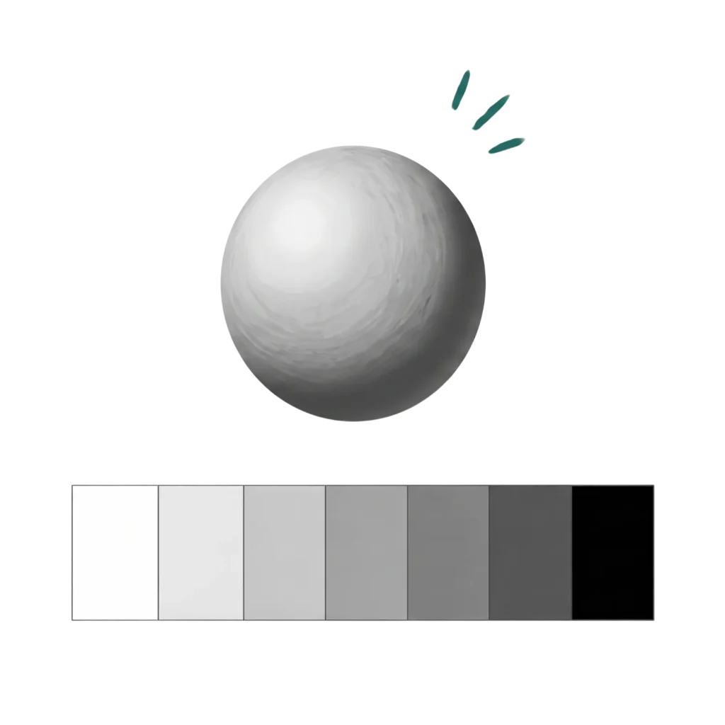 Shaded 3D sphere with a grayscale value scale bar below it, transitioning from white to black.