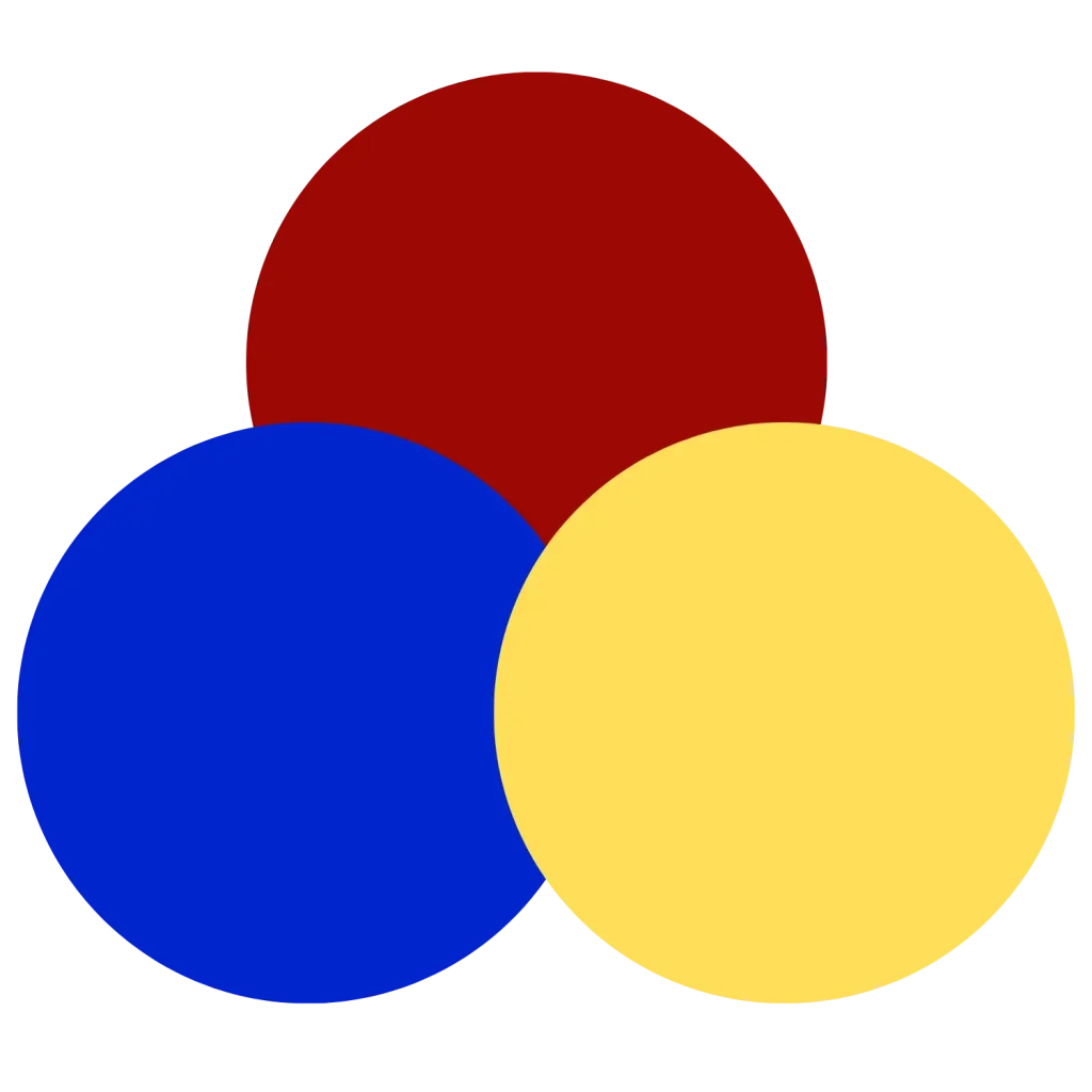 Three primary-colored circles arranged in a triangular cluster (red at the top, blue on the bottom-left, and yellow on the bottom-right) against a white background.