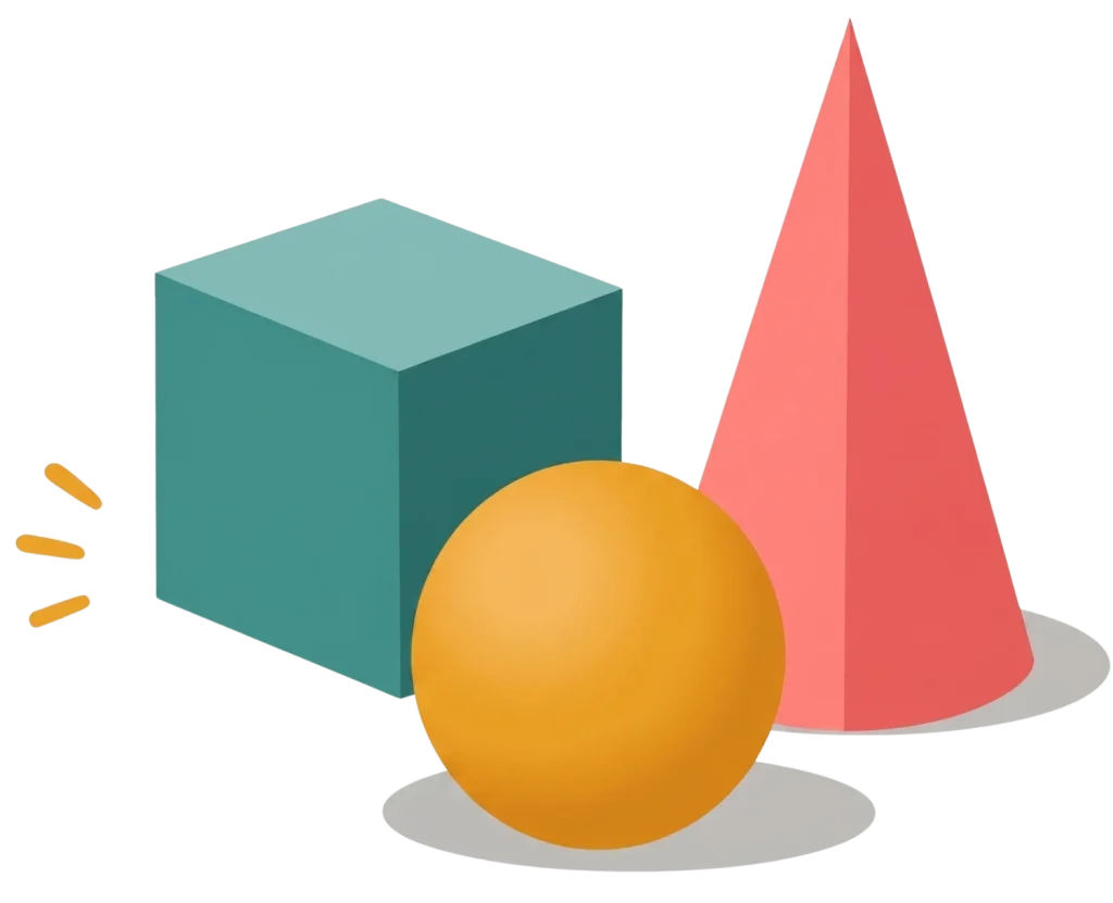 3D geometric shapes including a blue cube, a yellow sphere, and a pink cone isolated on a black background.