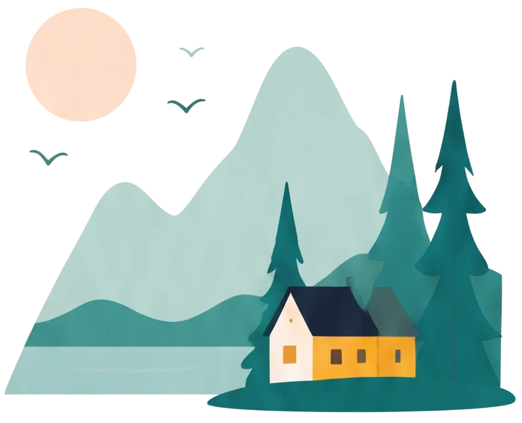 Flat illustration of a cozy cabin by a lake with pine trees, mountains, and a full moon on a black background.