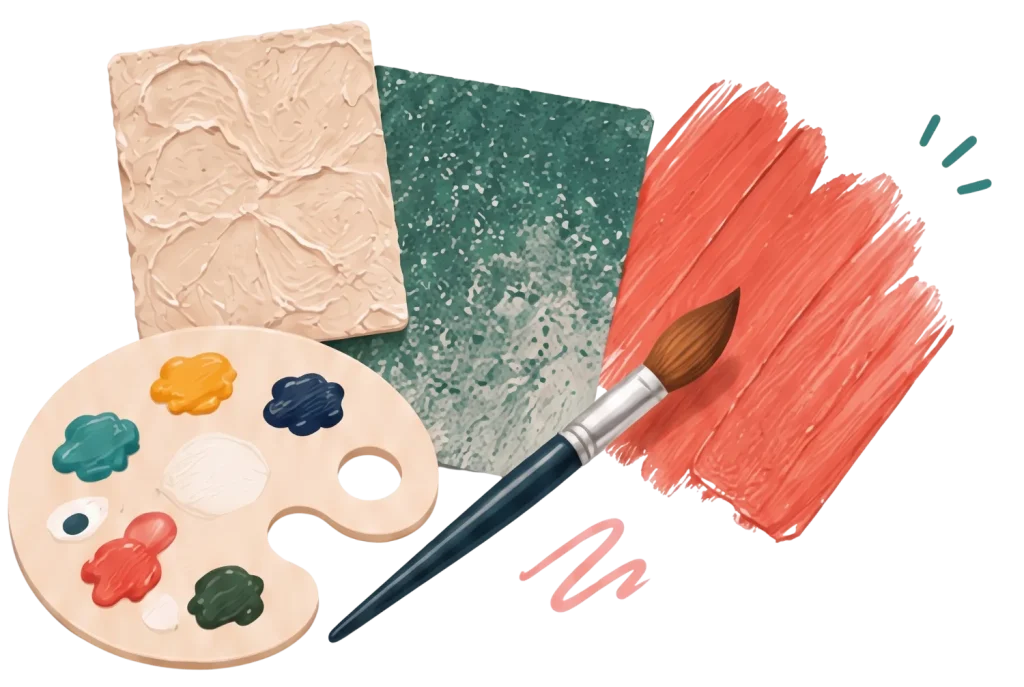 Art palette with colorful paint, a paintbrush, and textured swatches of beige, green, and coral on a black background.