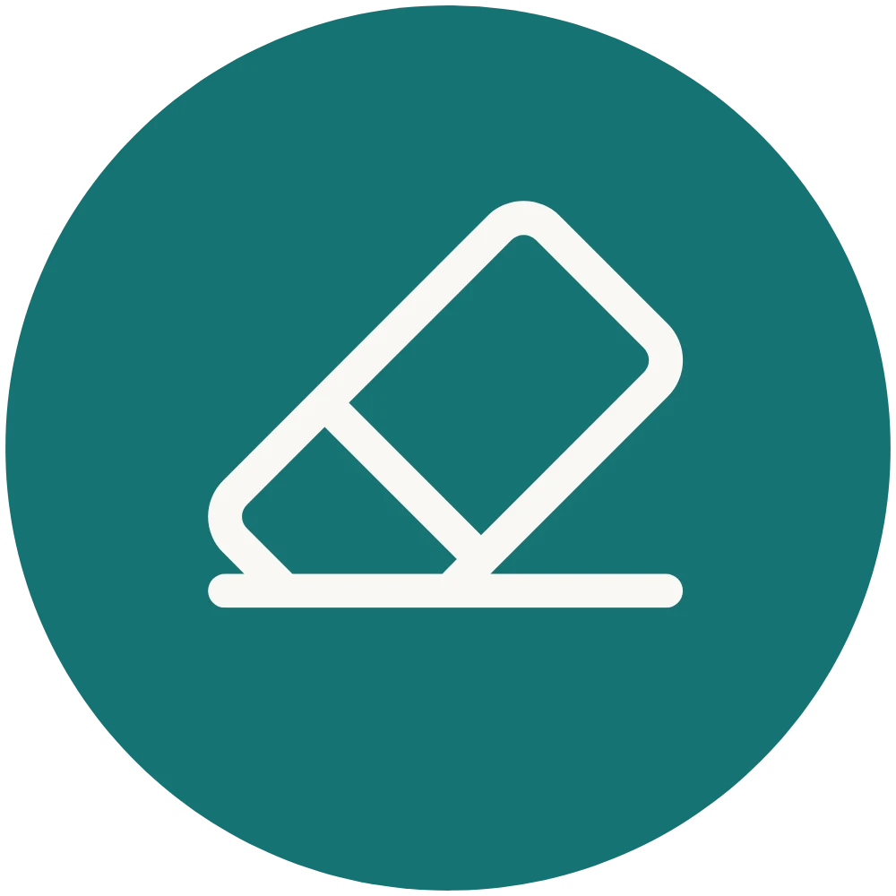 Minimalist white line eraser icon on a solid teal circular background.