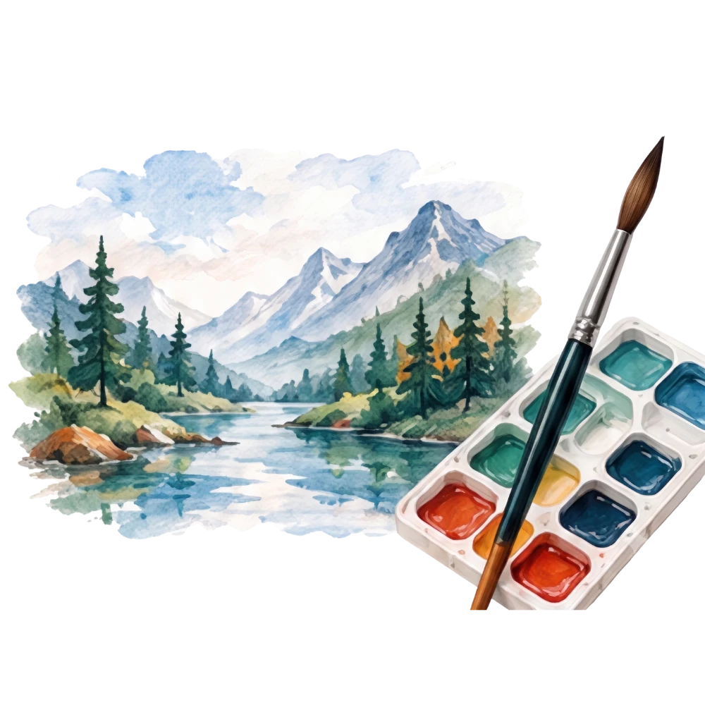 Watercolor painting showing types of art medium, with a paint palette and brush on a black background.