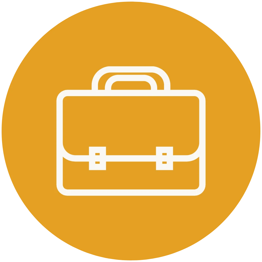 Minimalist white line briefcase icon centered on a solid mustard yellow circular background.