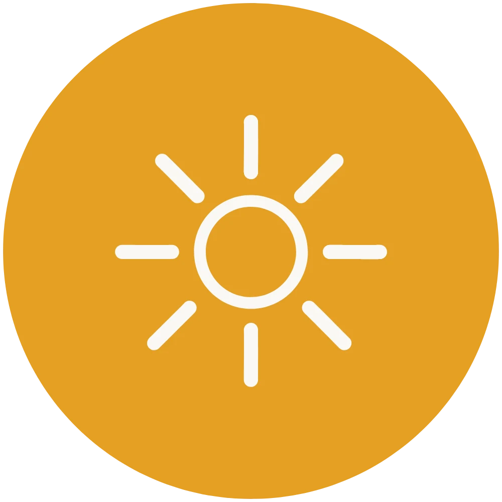 Minimalist white line sun icon centered on a solid mustard yellow circular background.