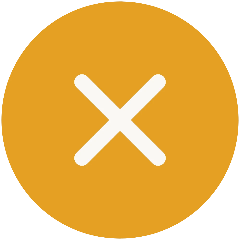 Minimalist white line x icon centered on a solid mustard yellow circular background.