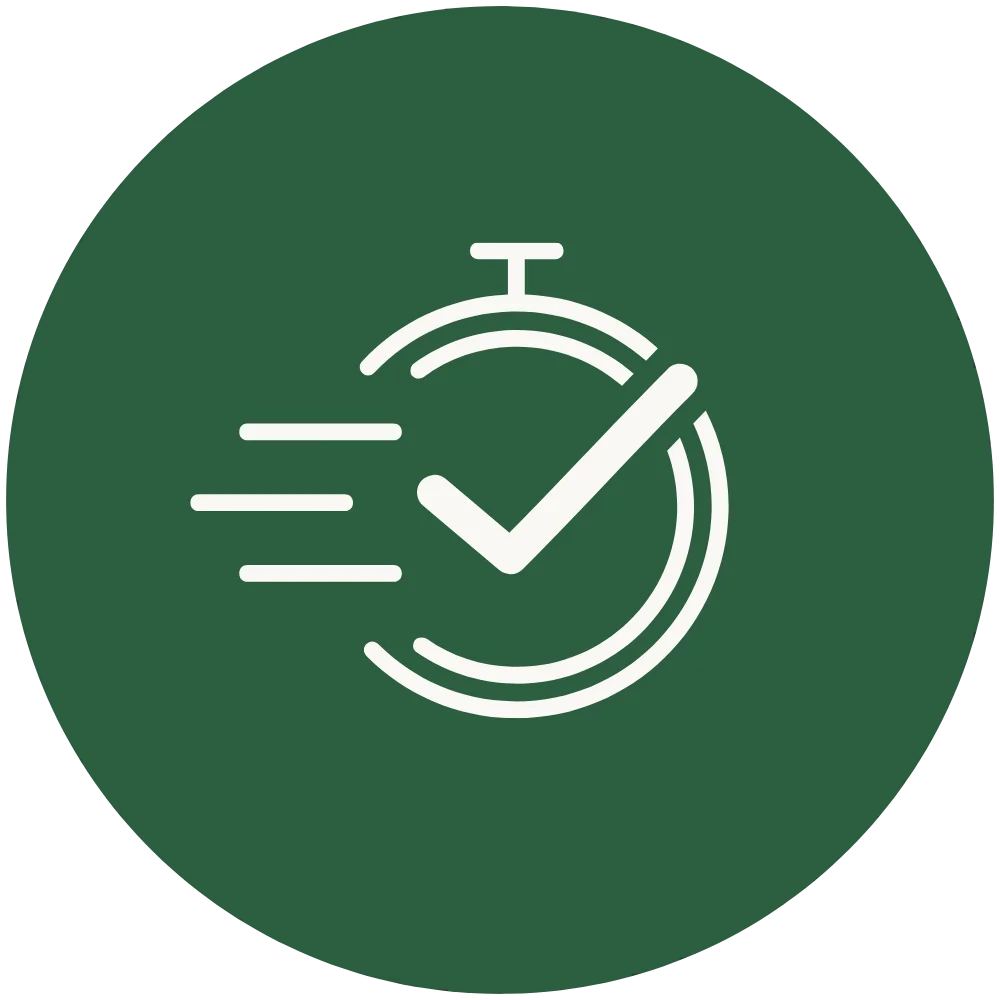 Minimalist white line icon of a fast stopwatch with a checkmark centered on a dark green circular background.