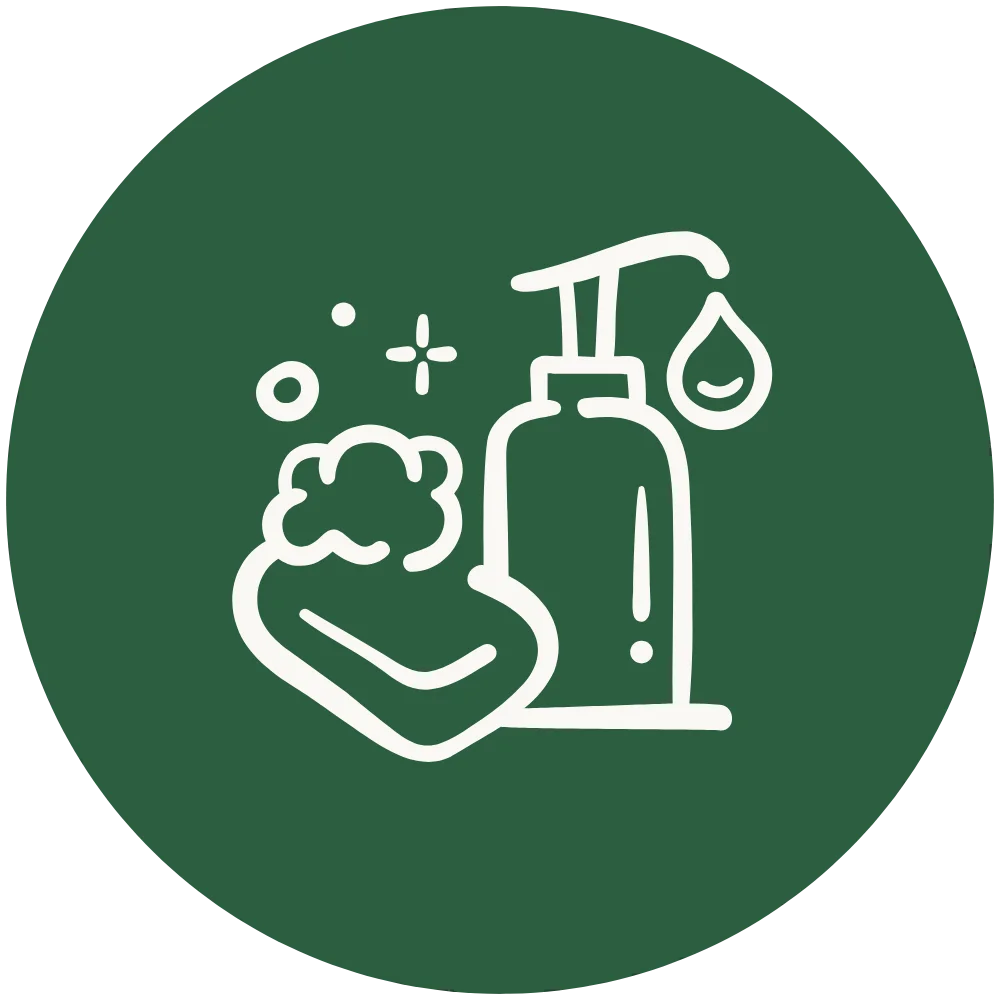 Minimalist white line icon of a soap and water on a dark green circular background.
