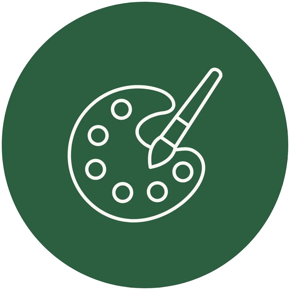 Minimalist white line icon of a paint and brush on a dark green circular background.