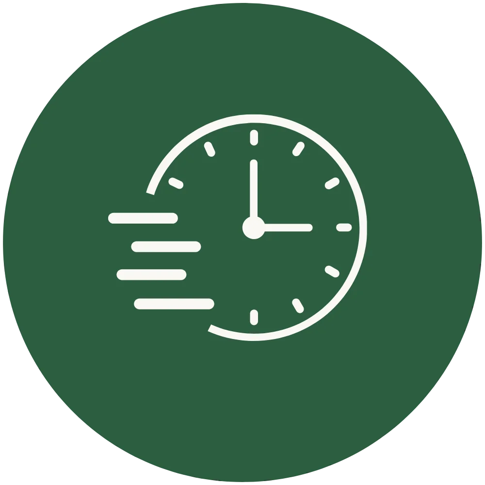 Minimalist white line icon of a fast track and a clock on a dark green circular background.