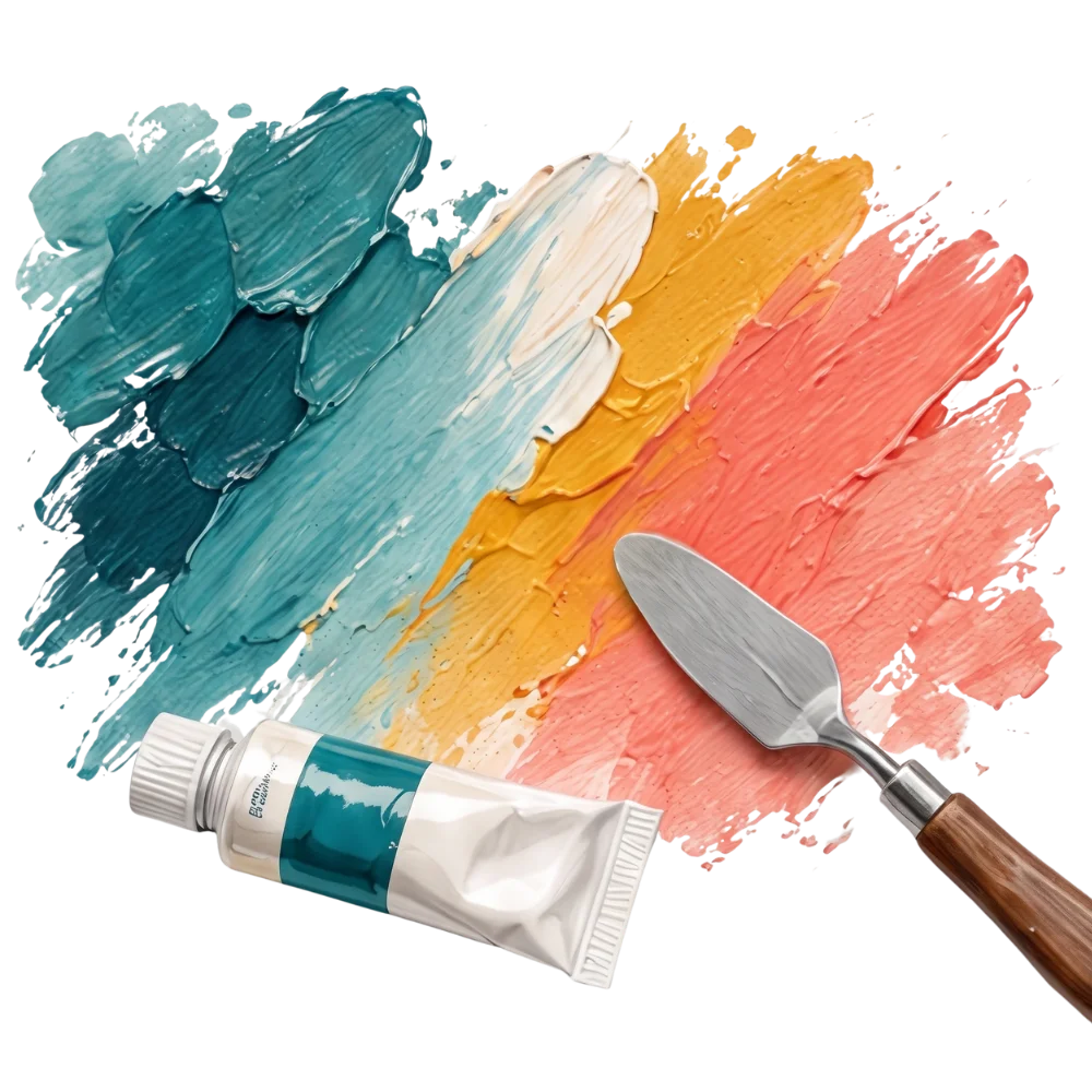 Acrylic paint textures showing types of art medium, with a paint tube and palette knife on a black background.