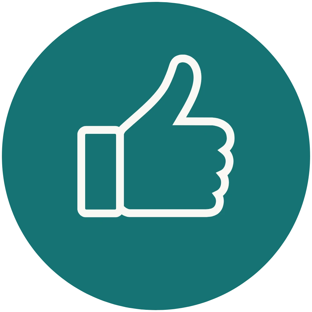 Minimalist white line thumbs up icon on a solid teal circular background.