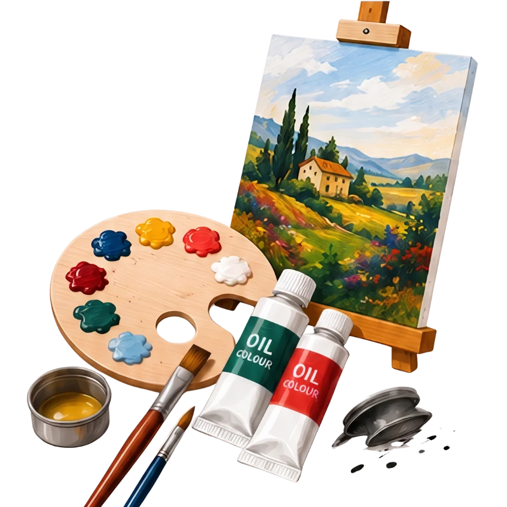 Oil painting on easel showing types of art medium, with a palette, brushes, and tubes on a black background.
