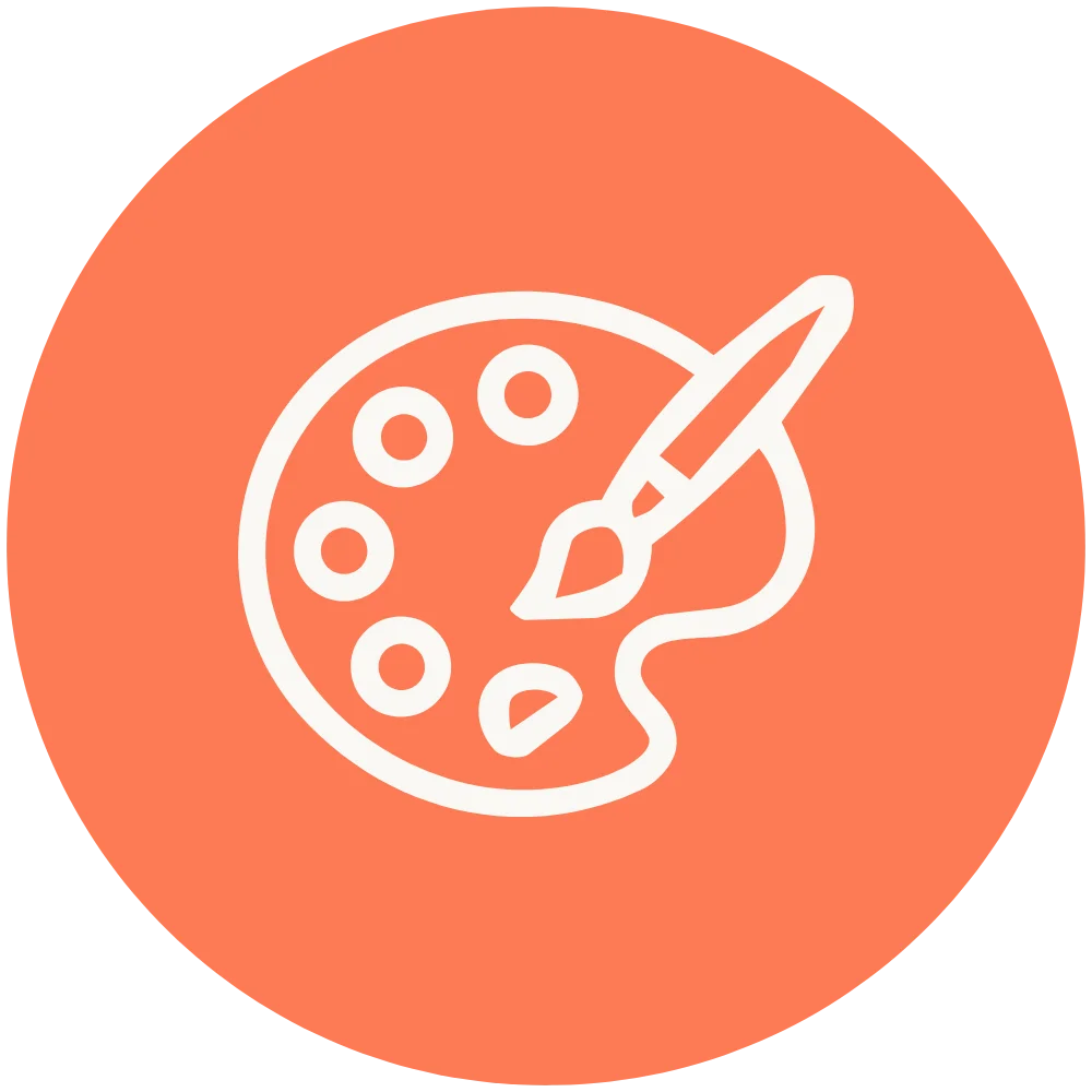 Artist palette icon symbolizing types of art medium on an orange circular background.