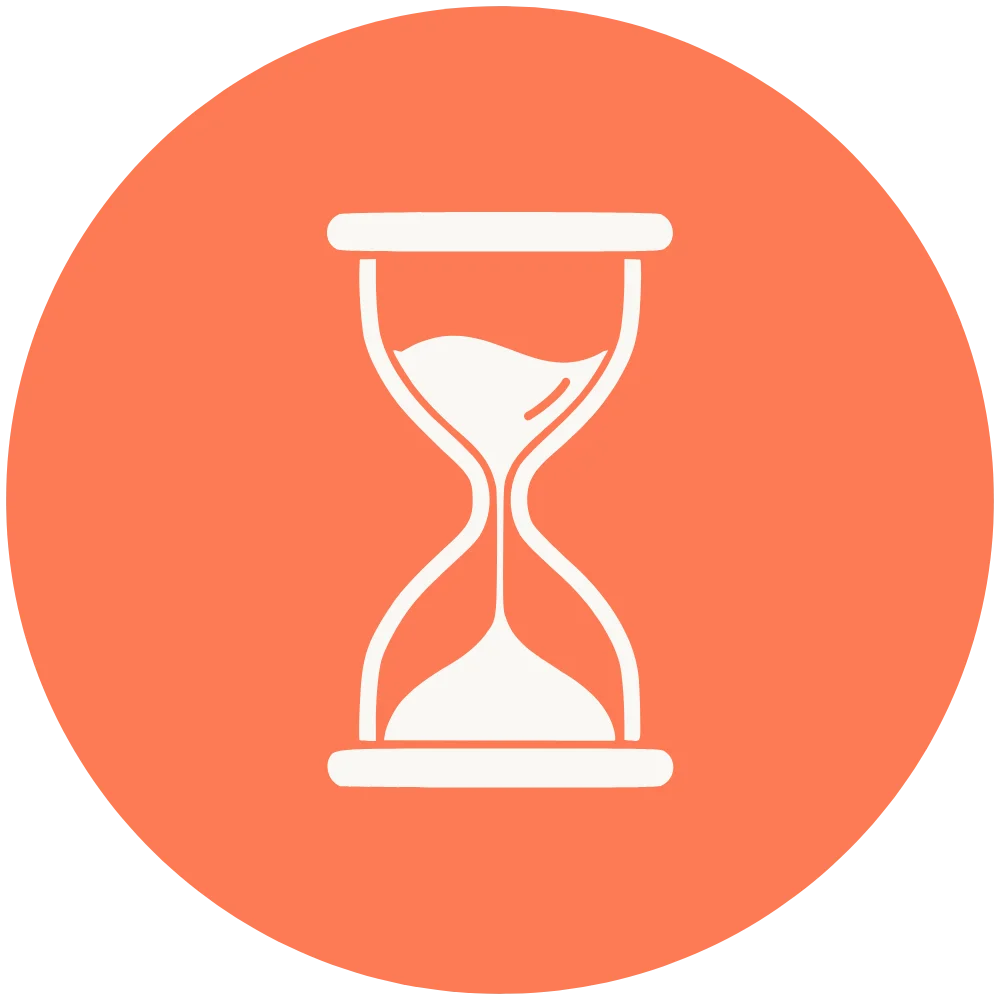 Hour glass icon symbolizing types of art medium on an orange circular background.