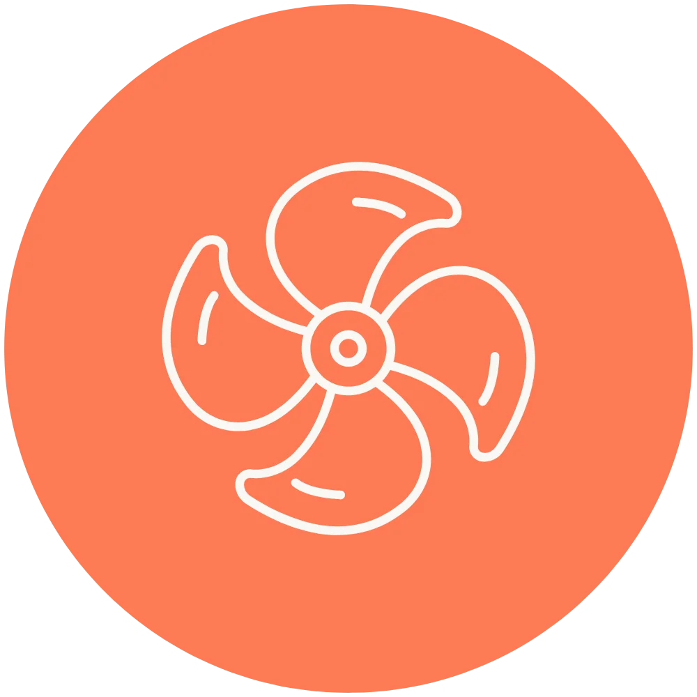 Fan blade icon symbolizing types of art medium on an orange circular background.