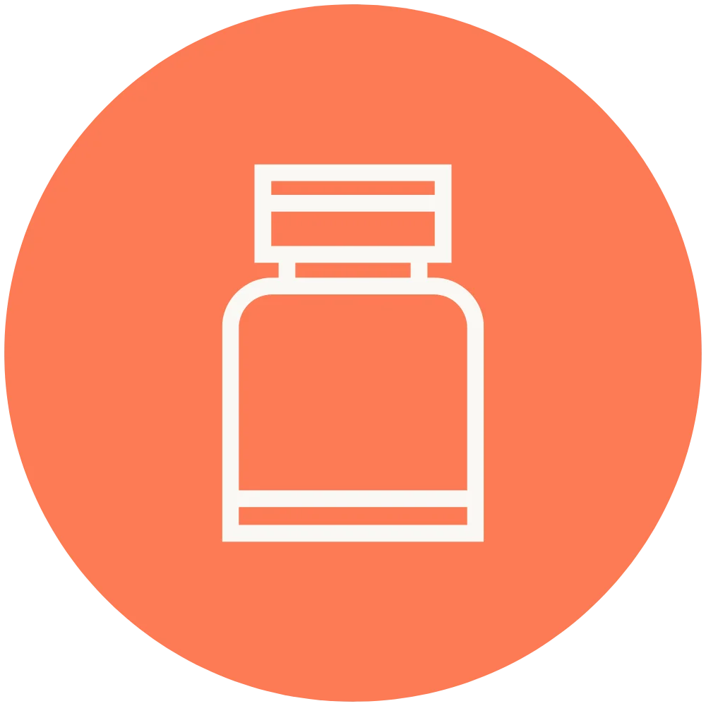 A bottle icon symbolizing types of art medium on an orange circular background.