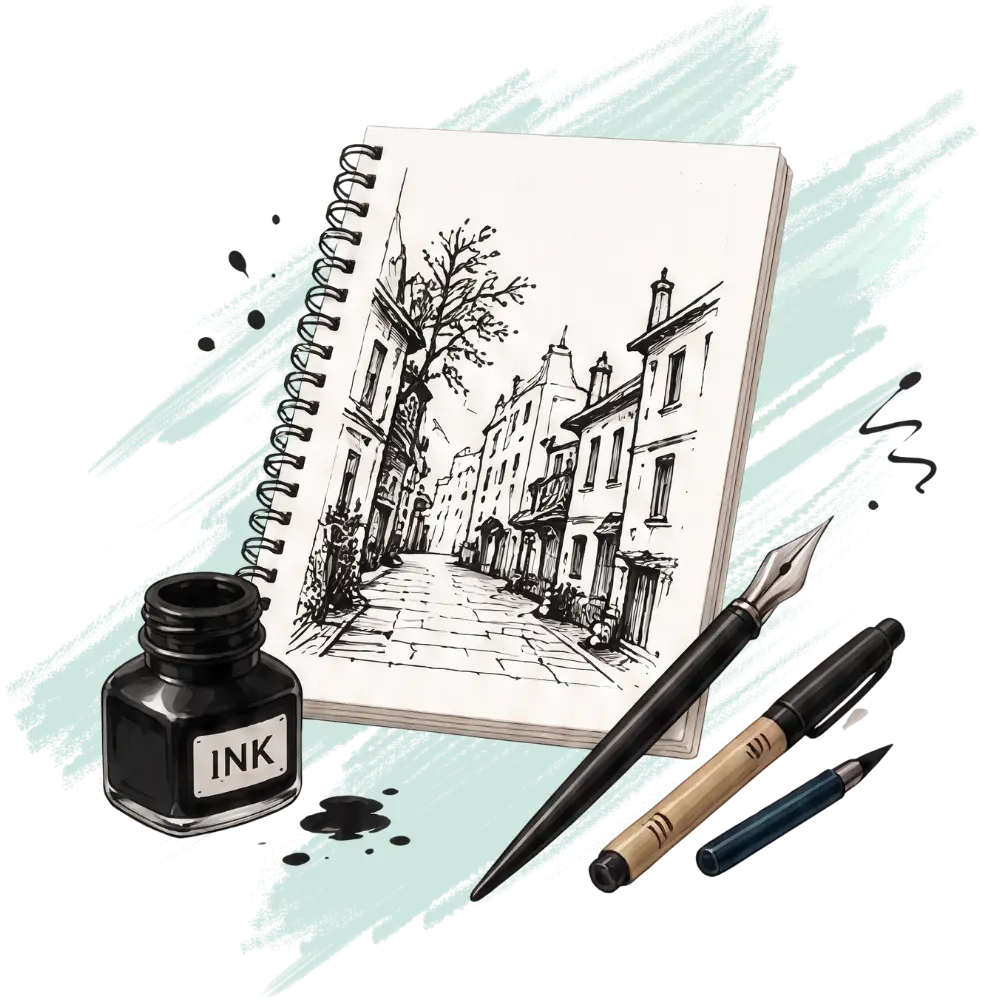 Ink sketch showing types of art medium, with a sketchbook, ink bottle, and pens on a black background.