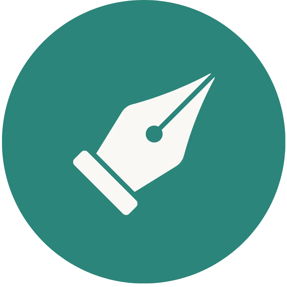 Minimalist white fountain pen nib icon centered on a solid teal circular background.