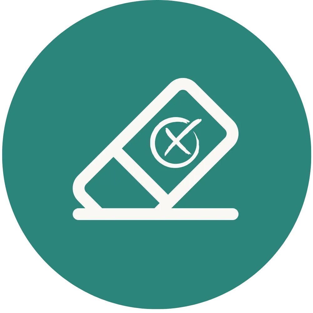 Minimalist white eraser icon centered on a solid teal circular background.