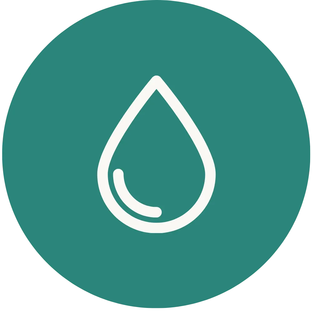 Minimalist white tear drop icon centered on a solid teal circular background.