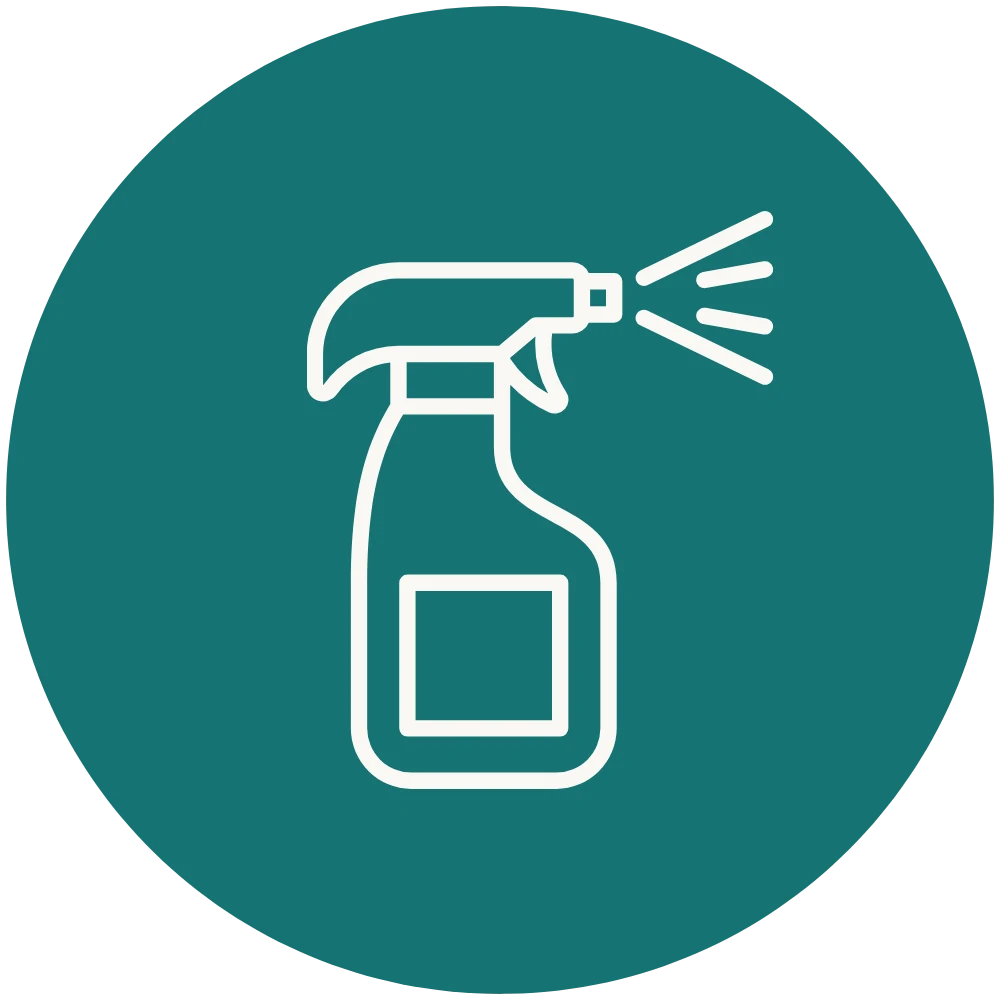 Minimalist white line water spray icon on a solid teal circular background.