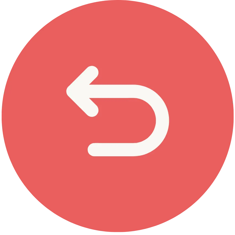Minimalist white line undo arrow icon centered on a solid coral pink circular background.