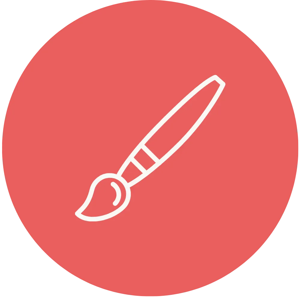 Minimalist white line paint brush icon centered on a solid coral pink circular background.