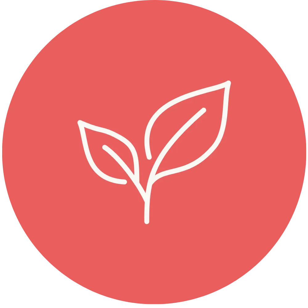 Minimalist white line 2 leaves icon centered on a solid coral pink circular background.