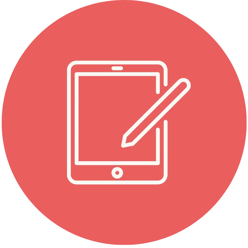 Minimalist white line tablet and pen icon centered on a solid coral pink circular background.