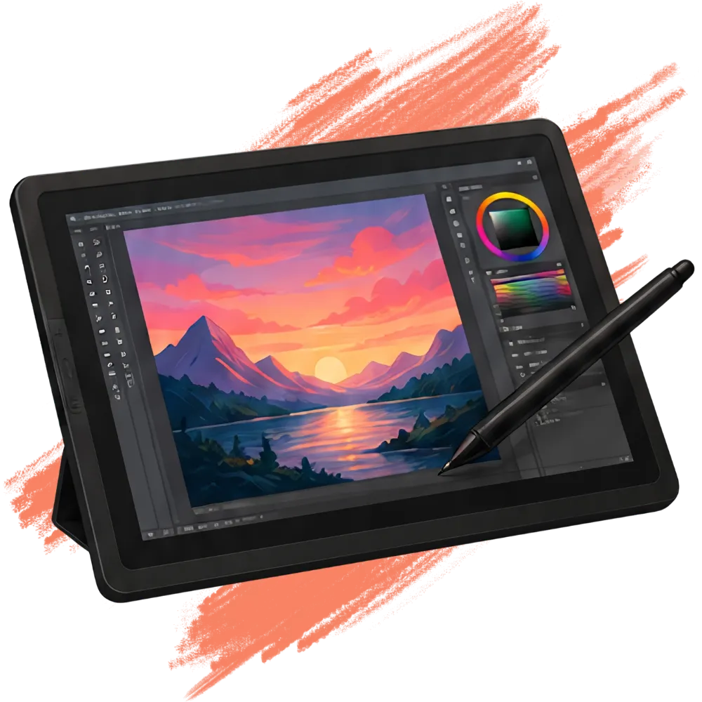 Digital art on a tablet showing types of art medium, with a stylus drawing a landscape on a black background.
