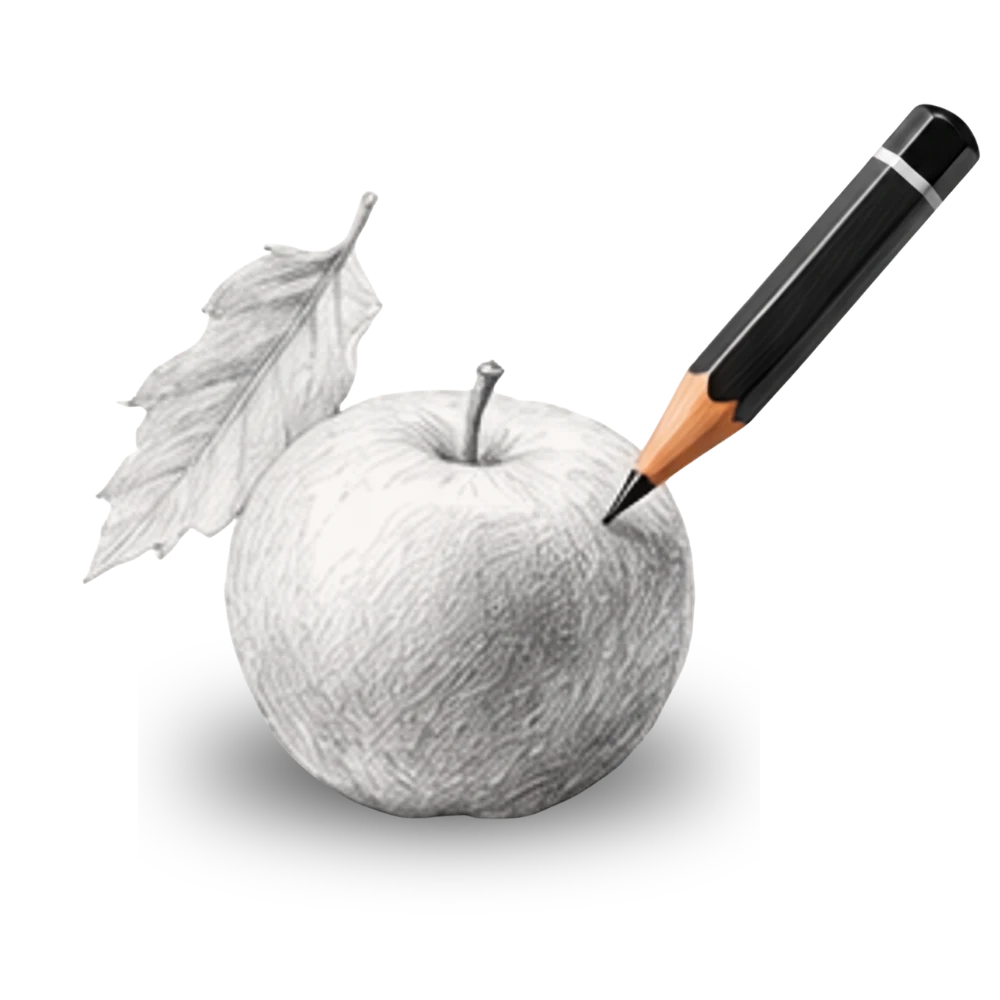 Pencil sketch of an apple showing types of art medium, with a drawing pencil shading on a black background.
