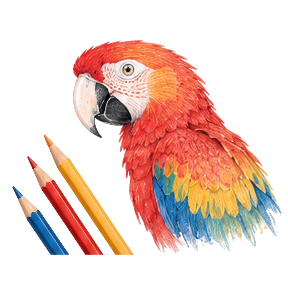 Colored pencil drawing of a macaw representing types of art medium, with three colored pencils on a black background.