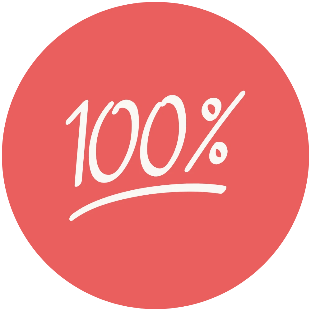 White handwritten 100% text with an underline centered on a solid coral pink circular background.