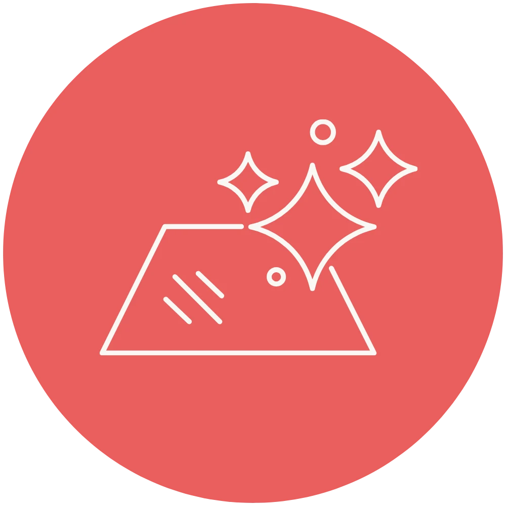 Minimalist white line icon of a sparkling clean surface with stars on a solid coral pink circular background.